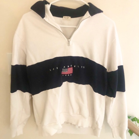 Brandy Melville Sweaters - Brandy Melville White Blue LA Quarter Zip Pullover